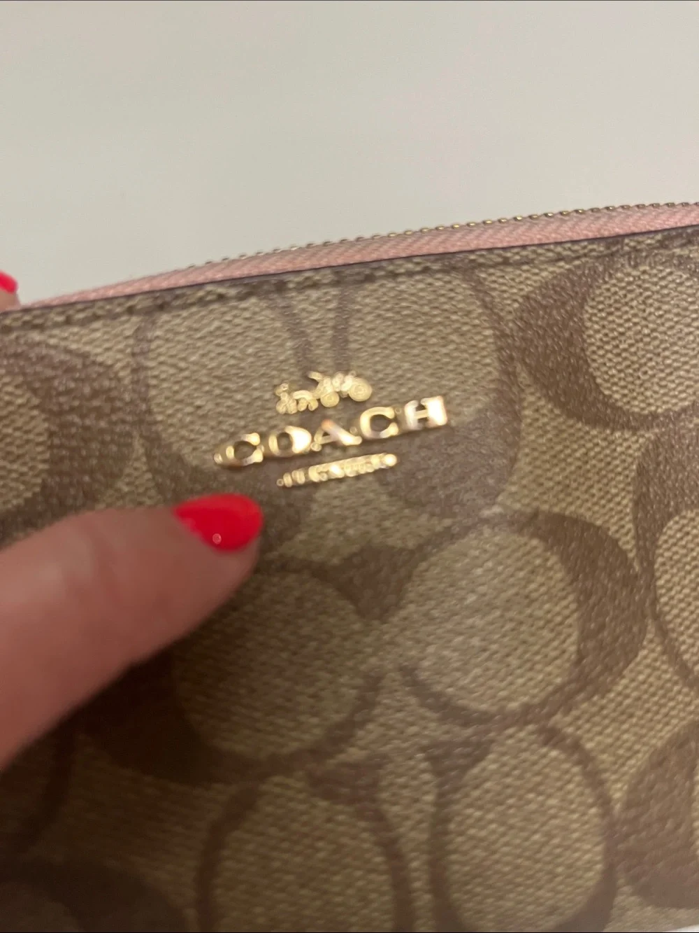 Coach Brown Signature Canvas Wristlet with Pink Trim